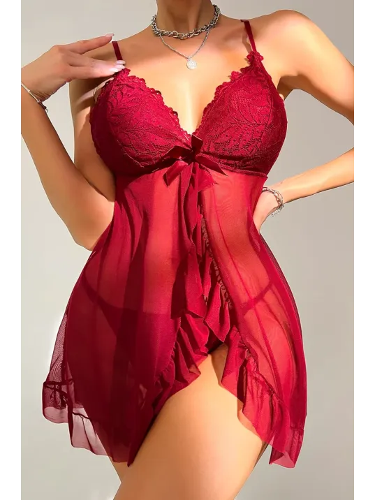 Kadın Bordo Dantelli, Fırfırlı Tül Ve Fiyonk Detaylı Tangalı Gecelik Takımı