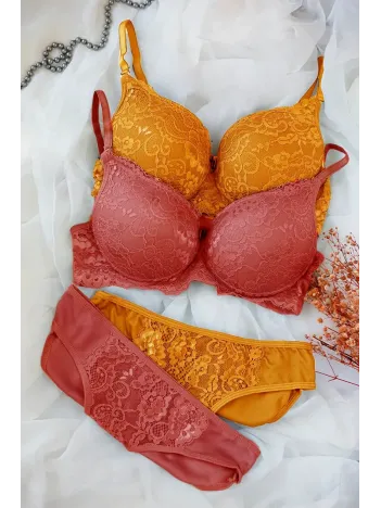 Kadın Hardal Ve Kiremit Rengi Dolgulu Balenli Sütyen Külot 2'li Paket – Modern Ve Şık Tasarım