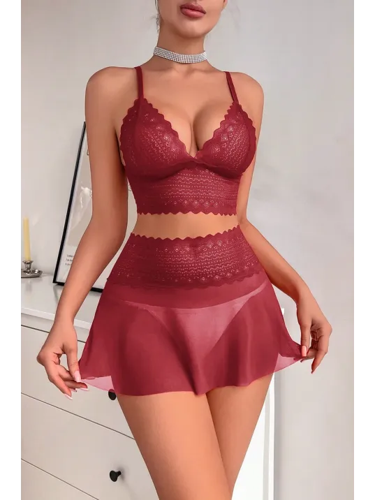 Kadın Bordo Dantel Ve Tül Detaylı Etekli Şık Gecelik Takımı – Modern, Konforlu