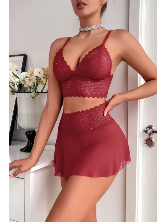 Kadın Bordo Dantel Ve Tül Detaylı Etekli Şık Gecelik Takımı – Modern, Konforlu