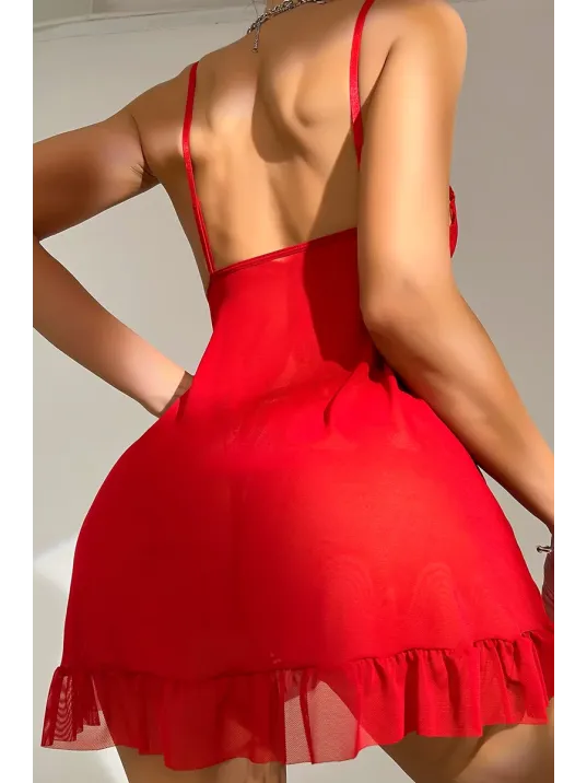 Kadın Kırmızı Dantelli, Fırfırlı Tül Ve Fiyonk Detaylı Tangalı Gecelik Takımı – Modern, Konforlu Kadın Kırmızı Dantelli, Fırfırlı Tül Ve Fiyonk Detaylı Tangalı Gecelik Takımı – Modern, Konforlu