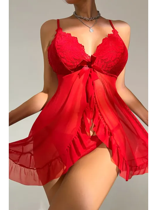 Kadın Kırmızı Dantelli, Fırfırlı Tül Ve Fiyonk Detaylı Tangalı Gecelik Takımı – Modern, Konforlu Kadın Kırmızı Dantelli, Fırfırlı Tül Ve Fiyonk Detaylı Tangalı Gecelik Takımı – Modern, Konforlu