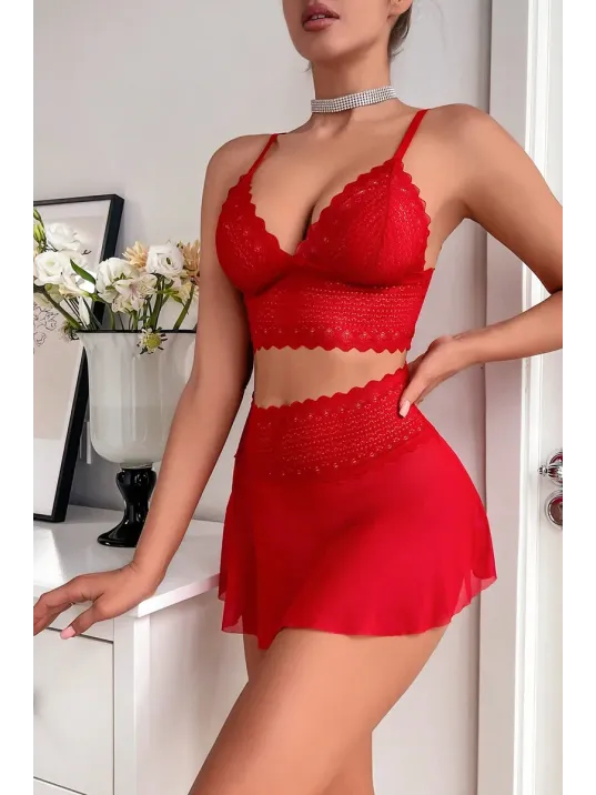 Kadın Kırmızı Dantel Ve Tül Detaylı Etekli Şık Gecelik Takımı – Modern, Konforlu