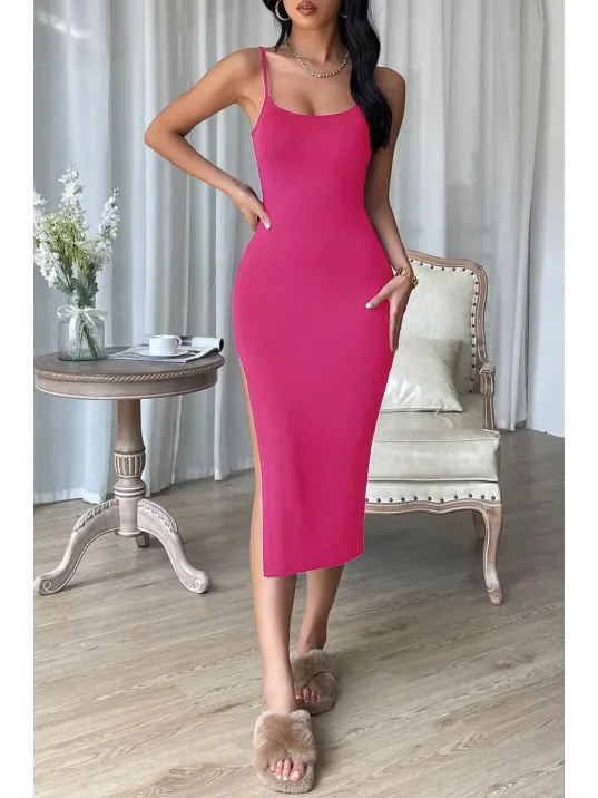 Kadın Fuşya Yırtmaçlı Diz Altı Vücüdu Saran Gecelik