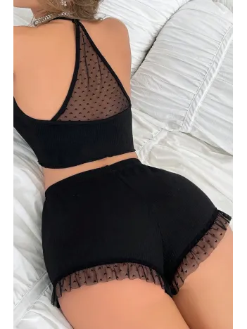Kadın Siyah Kaşkorse Sırt Ve Bacak Kısmı Puantiyeli Şortlu Gecelik Takım – Modern, Konforlu