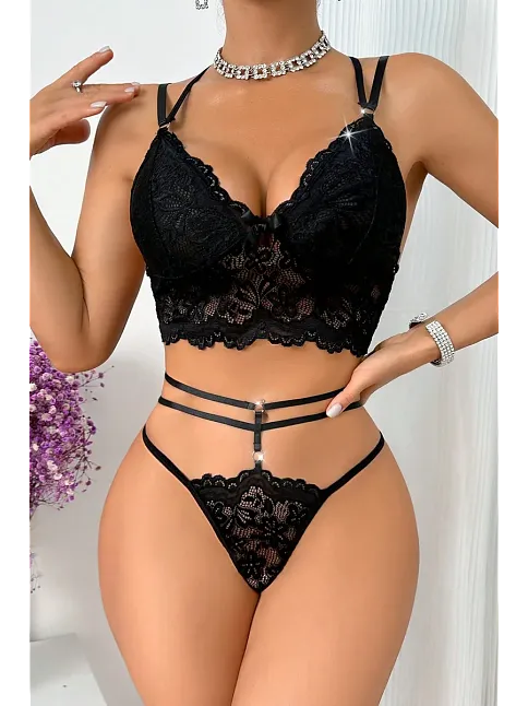 Kadın Siyah Çift Sıra Çapraz Askılı Cut-out Tanga Detaylı Şık Takım – Modern, Konforlu Ve Günlük Kombinlere Uygun