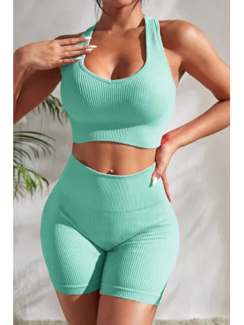 Kadın Açık Mavi Yüksek Bel Çapraz Sırt Detaylı Şortlu Gecelik Takım – Modern, Konforlu Ve Günlük Kombinlere Uygun