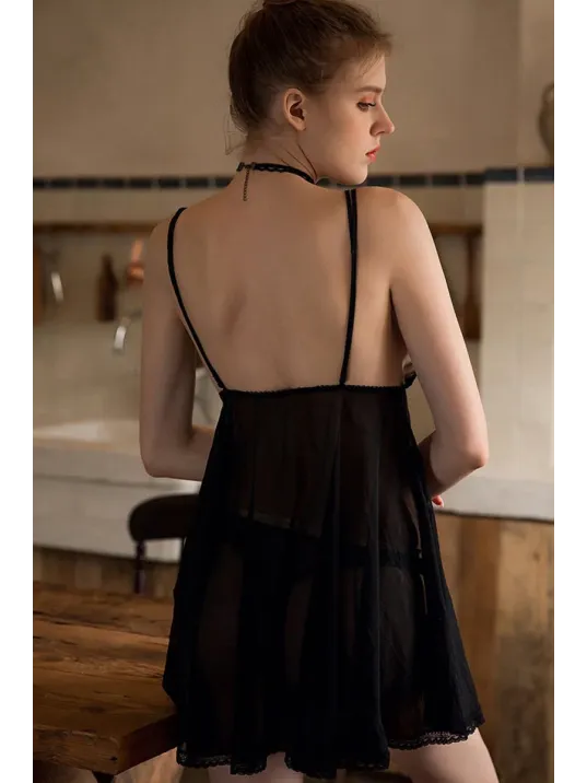 Kadın Siyah Transparan Dantelli Çift Sıra Askılı Şık Gecelik