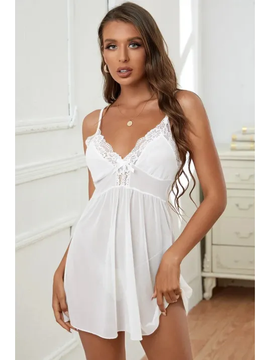 Kadın Beyaz V Yaka Dantel Detaylı Tül Gecelik – Modern Ve Şık Tasarım