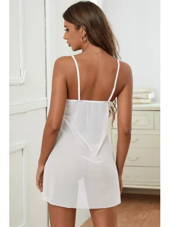 Kadın Beyaz V Yaka Dantel Detaylı Tül Gecelik – Modern Ve Şık Tasarım