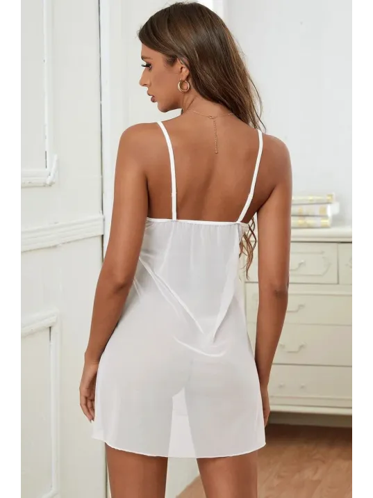 Kadın Beyaz V Yaka Dantel Detaylı Tül Gecelik – Modern Ve Şık Tasarım