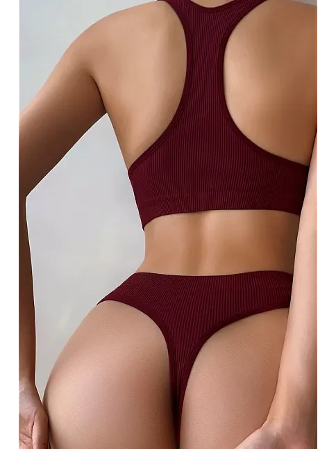 Kadın Bordo Desteksiz Seamless Tangalı   İç Çamaşır  Takımı