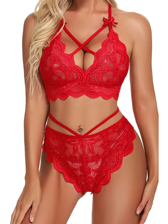 Kırmızı Çapraz Ip Detaylı Şık Sütyen Külot Takım