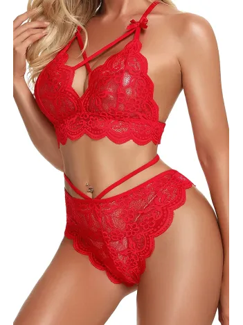 Kırmızı Çapraz Ip Detaylı Şık Sütyen Külot Takım