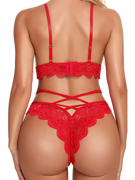 Kırmızı Çapraz Ip Detaylı Şık Sütyen Külot Takım