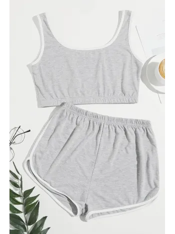 Kadın Gri Askılı Crop Top Ve Şortlu Gecelik Takım