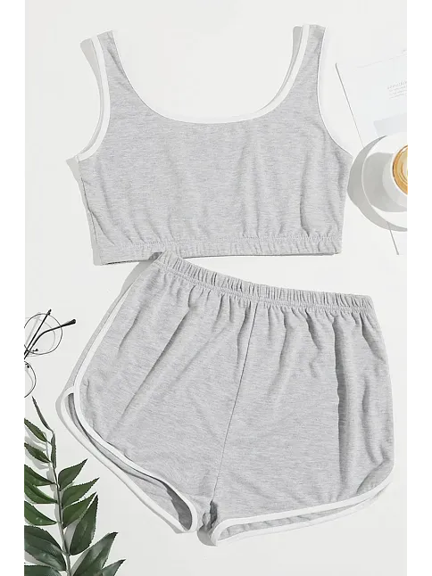 Kadın Gri Askılı Crop Top Ve Şortlu Gecelik Takım