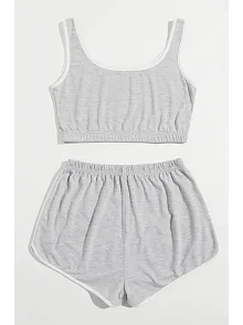 Kadın Gri Askılı Crop Top Ve Şortlu Gecelik Takım
