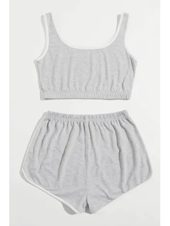Kadın Gri Askılı Crop Top Ve Şortlu Gecelik Takım Kadın Gri Askılı Crop Top Ve Şortlu Gecelik Takım