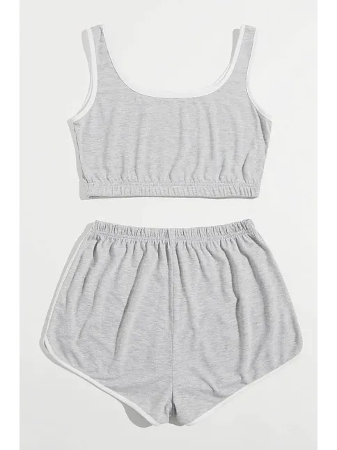 Kadın Gri Askılı Crop Top Ve Şortlu Gecelik Takım