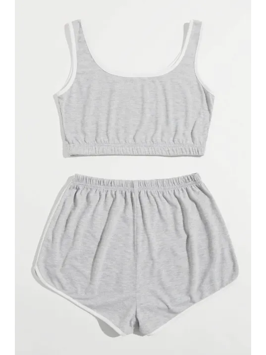 Kadın Gri Askılı Crop Top Ve Şortlu Gecelik Takım Kadın Gri Askılı Crop Top Ve Şortlu Gecelik Takım