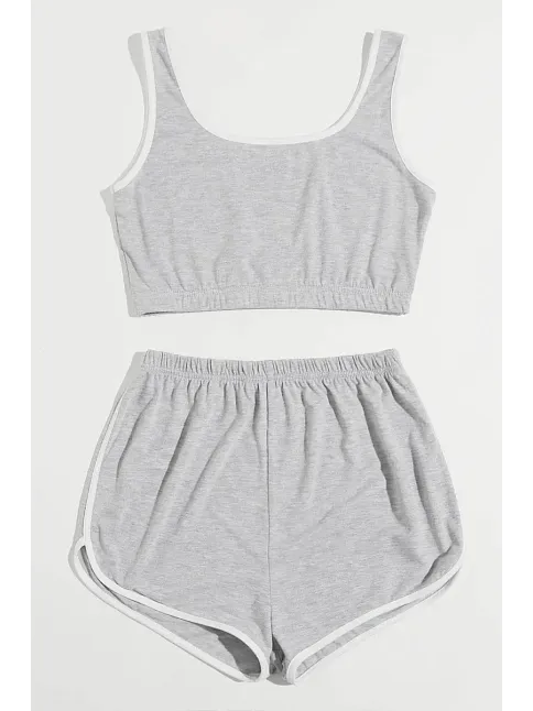 Kadın Gri Askılı Crop Top Ve Şortlu Gecelik Takım