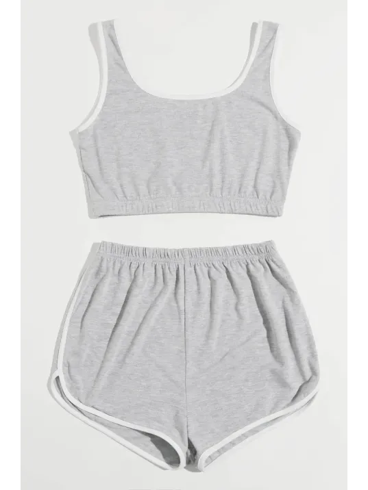 Kadın Gri Askılı Crop Top Ve Şortlu Gecelik Takım Kadın Gri Askılı Crop Top Ve Şortlu Gecelik Takım