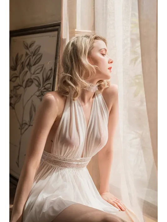 Kadın Beyaz Sırtı Açık Beli Dantelli Gecelik  Takım