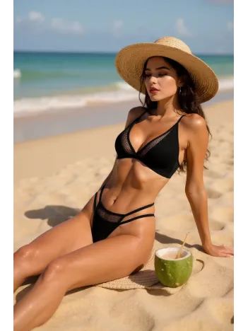 Kadın Siyah File Detaylı Özel Bikini Takımı – Modern, Konforlu Ve Günlük Kombinlere Uygun