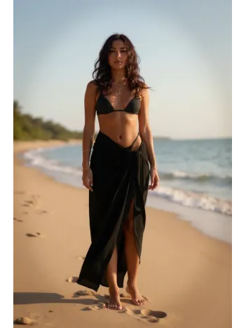 Kadın Siyah Bodrum Stili Bağlama Detaylı 150x75 Pareo – Modern Ve Şık Tasarım