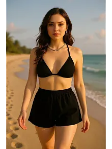 Kadın Siyah Şortlu Belden Ve Boyundan Bağlamalı Bikini Takımı – Modern, Konforlu Ve Günlük Kombinlere Uygun