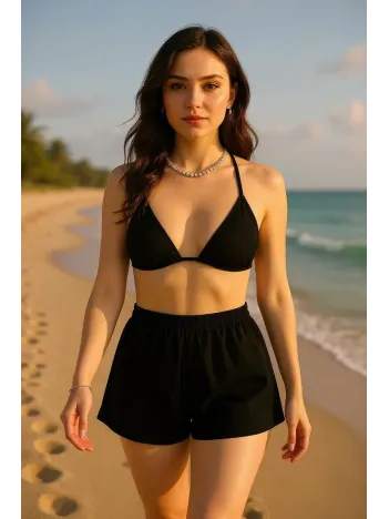 Kadın Siyah Şortlu Belden Ve Boyundan Bağlamalı Bikini Takımı – Modern, Konforlu Ve Günlük Kombinlere Uygun