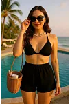 Kadın Siyah Şortlu Belden Ve Boyundan Bağlamalı Bikini Takımı – Modern, Konforlu Ve Günlük Kombinlere Uygun