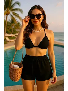 Kadın Siyah Şortlu Belden Ve Boyundan Bağlamalı Bikini Takımı – Modern, Konforlu Ve Günlük Kombinlere Uygun
