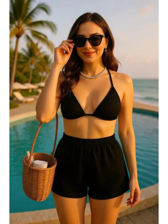 Kadın Siyah Şortlu Belden Ve Boyundan Bağlamalı Bikini Takımı – Modern, Konforlu Ve Günlük Kombinlere Uygun