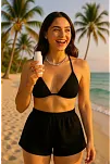 Kadın Siyah Şortlu Belden Ve Boyundan Bağlamalı Bikini Takımı – Modern, Konforlu Ve Günlük Kombinlere Uygun