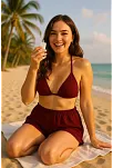 Kadın Bordo Şortlu Belden Ve Boyundan Bağlamalı Bikini Takımı – Modern, Konforlu Ve Günlük Kombinlere Uygun Kadın Bordo Şortlu Belden Ve Boyundan Bağlamalı Bikini Takımı – Modern, Konforlu Ve Günlük Kombinlere Uygun