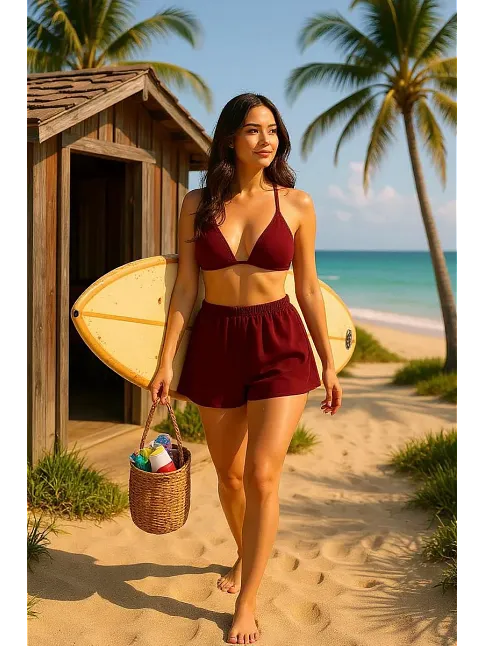 Kadın Bordo Şortlu Belden Ve Boyundan Bağlamalı Bikini Takımı – Modern, Konforlu Ve Günlük Kombinlere Uygun Kadın Bordo Şortlu Belden Ve Boyundan Bağlamalı Bikini Takımı – Modern, Konforlu Ve Günlük Kombinlere Uygun