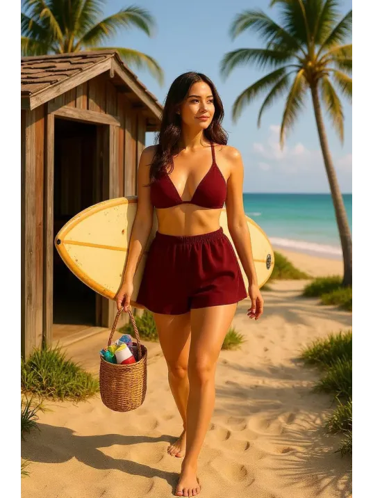 Kadın Bordo Şortlu Belden Ve Boyundan Bağlamalı Bikini Takımı – Modern, Konforlu Ve Günlük Kombinlere Uygun Kadın Bordo Şortlu Belden Ve Boyundan Bağlamalı Bikini Takımı – Modern, Konforlu Ve Günlük Kombinlere Uygun