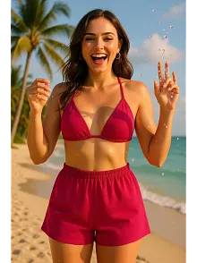 Kadın Fuşya Şortlu Belden Ve Boyundan Bağlamalı Bikini Takımı – Modern, Konforlu Ve Günlük Kombinlere Uygun
