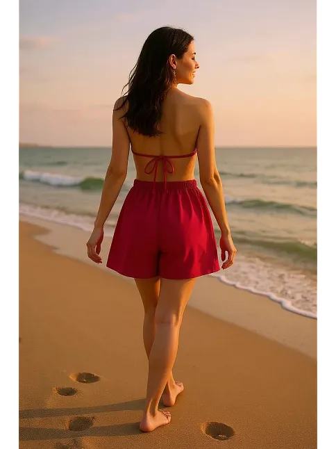 Kadın Fuşya Şortlu Belden Ve Boyundan Bağlamalı Bikini Takımı – Modern, Konforlu Ve Günlük Kombinlere Uygun Kadın Fuşya Şortlu Belden Ve Boyundan Bağlamalı Bikini Takımı – Modern, Konforlu Ve Günlük Kombinlere Uygun