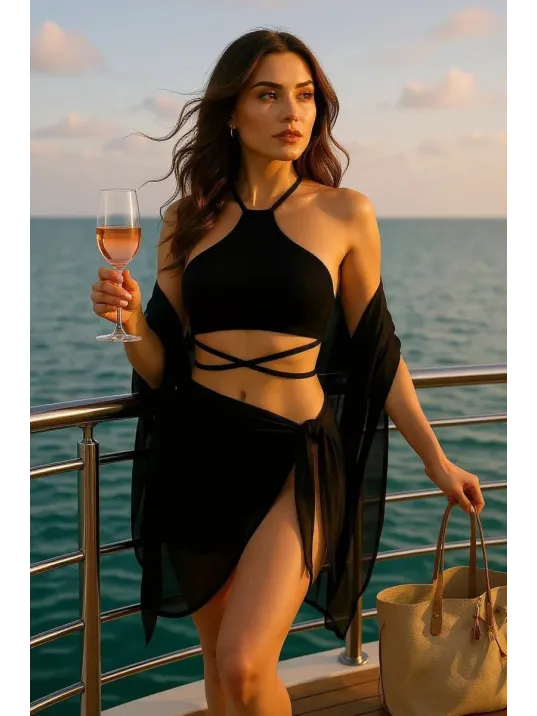 Kadın Siyah Çapraz Bağlamalı Crop Ve Pareo 2'li Set – Modern Ve Şık Tasarım