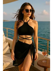 Kadın Siyah Çapraz Bağlamalı Crop Ve Pareo 2'li Set – Modern Ve Şık Tasarım