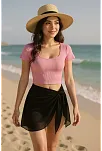 Kadın Pembe Yarım Kol Crop Ve Siyah Pareo 2'li Set – Modern Ve Şık Tasarım