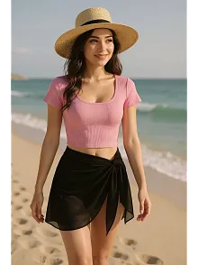 Kadın Pembe Yarım Kol Crop Ve Siyah Pareo 2'li Set – Modern Ve Şık Tasarım