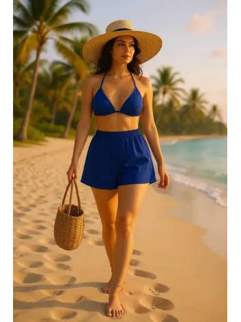 Kadın Mavi Şortlu Belden Ve Boyundan Bağlamalı Bikini Takımı – Modern, Konforlu Ve Günlük Kombinlere Uygun Kadın Mavi Şortlu Belden Ve Boyundan Bağlamalı Bikini Takımı – Modern, Konforlu Ve Günlük Kombinlere Uygun
