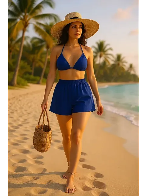Kadın Mavi Şortlu Belden Ve Boyundan Bağlamalı Bikini Takımı – Modern, Konforlu Ve Günlük Kombinlere Uygun Kadın Mavi Şortlu Belden Ve Boyundan Bağlamalı Bikini Takımı – Modern, Konforlu Ve Günlük Kombinlere Uygun