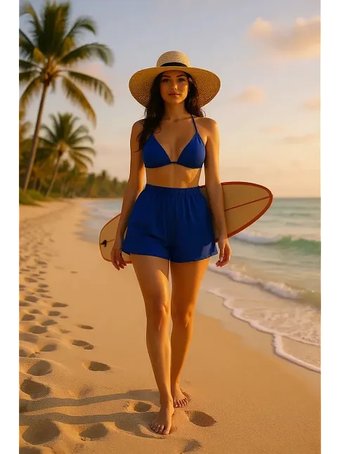 Kadın Mavi Şortlu Belden Ve Boyundan Bağlamalı Bikini Takımı – Modern, Konforlu Ve Günlük Kombinlere Uygun Kadın Mavi Şortlu Belden Ve Boyundan Bağlamalı Bikini Takımı – Modern, Konforlu Ve Günlük Kombinlere Uygun