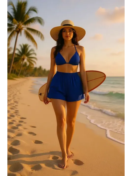 Kadın Mavi Şortlu Belden Ve Boyundan Bağlamalı Bikini Takımı – Modern, Konforlu Ve Günlük Kombinlere Uygun