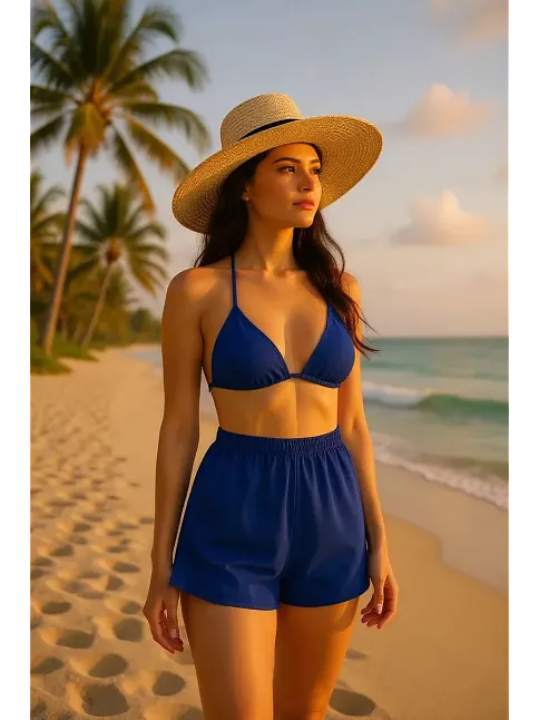 Kadın Mavi Şortlu Belden Ve Boyundan Bağlamalı Bikini Takımı – Modern, Konforlu Ve Günlük Kombinlere Uygun Kadın Mavi Şortlu Belden Ve Boyundan Bağlamalı Bikini Takımı – Modern, Konforlu Ve Günlük Kombinlere Uygun